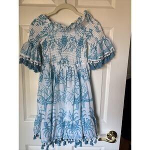 NWT ANTICA SARTORIA Giacomo Cinque smocked Dress tassels sz XXS/XS turq blue whi